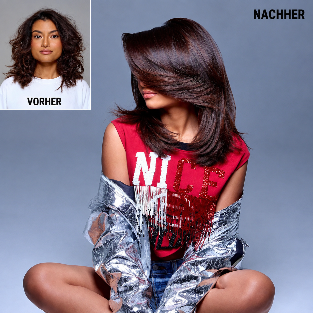 Vorher-Nachher-Vergleich einer glatten und gl&auml;nzenden braunen Frisur.